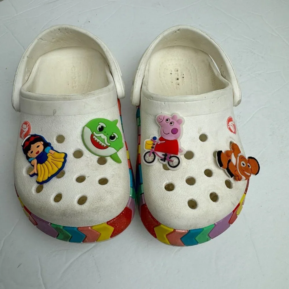 CROCS Girl's Sandals Flip Flop Clogs White Rainbow Size C7